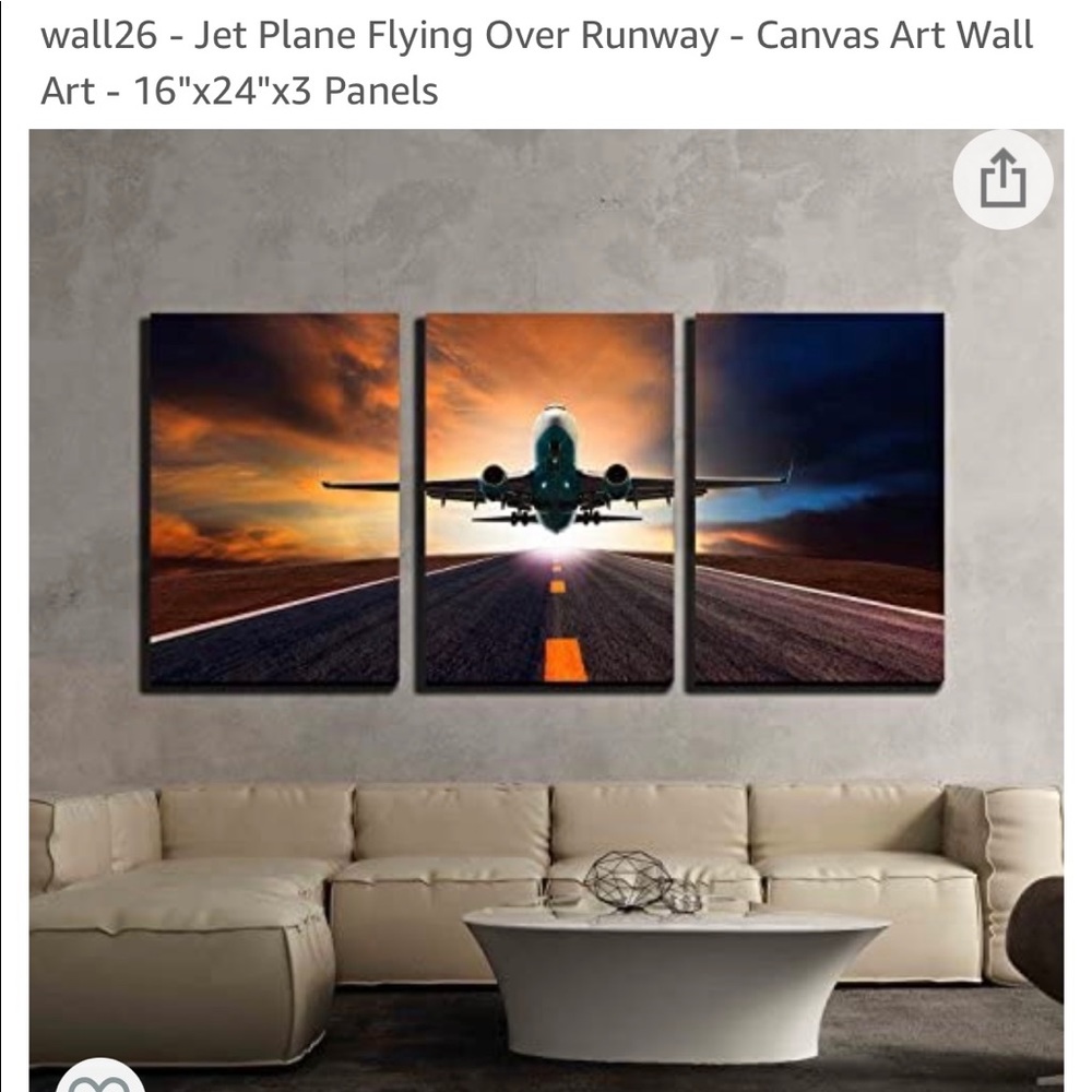 Jet plane over runway canvas wall art